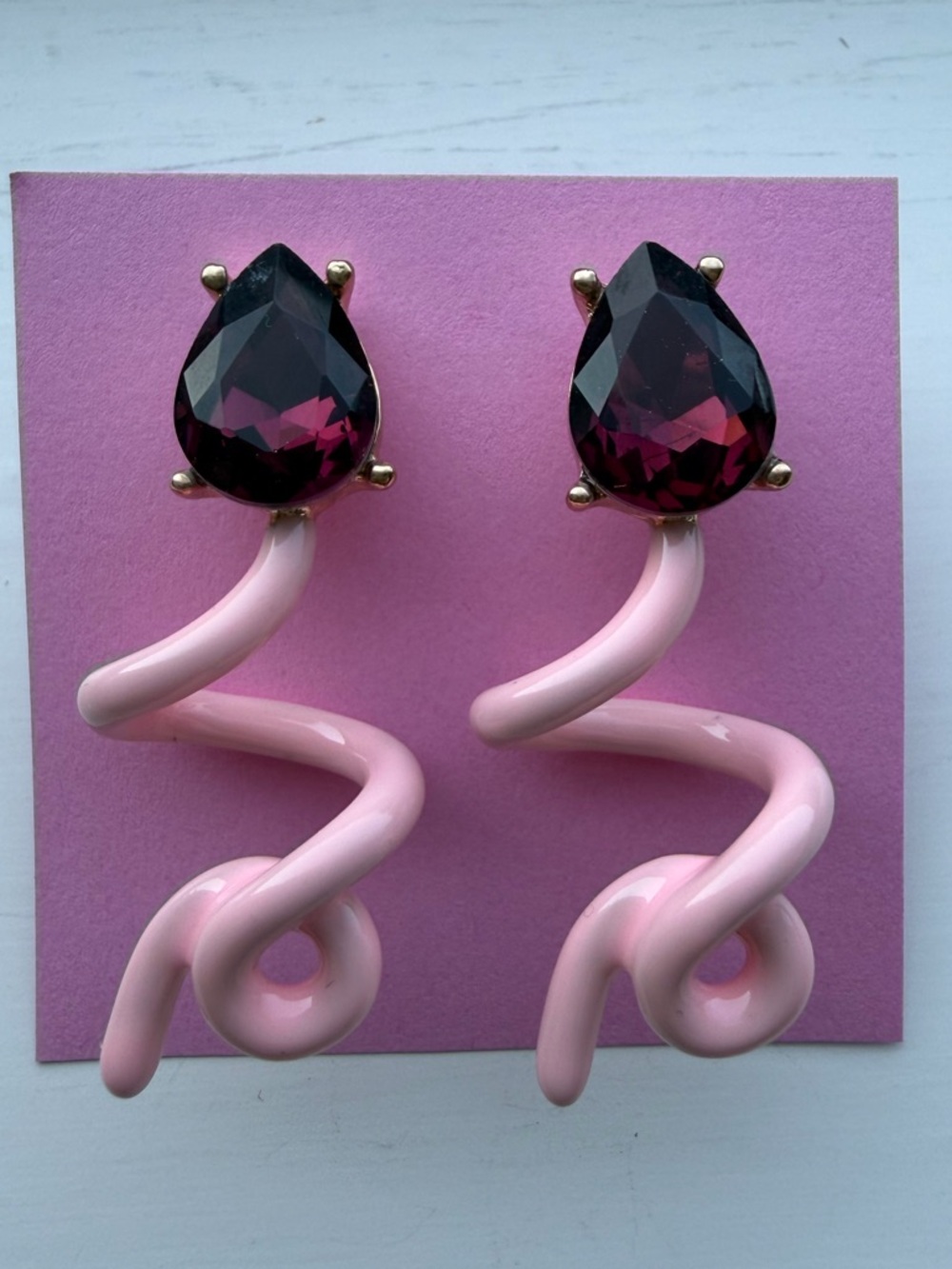 Pastel Pink Enamel Spiral Squiggle Drop Earrings with Deep Plum Teardrop Stone